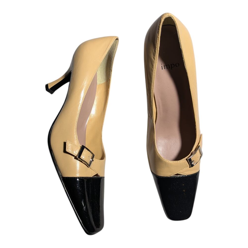 Vtg Y2K Impo Beige Leather Black Patent Cap Toe Square Toe Buckle Pumps Sz 8